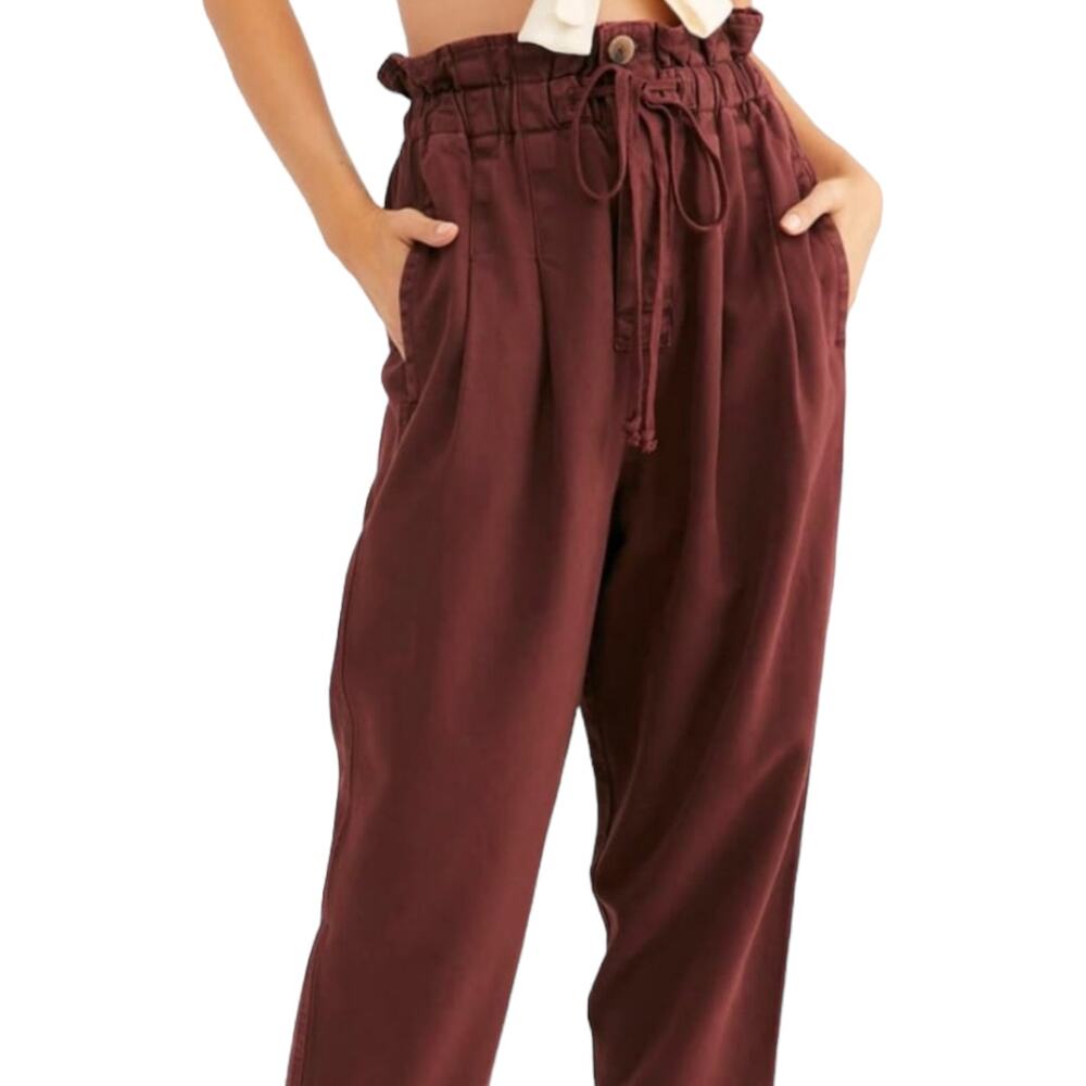 Free People Margate Pleated Trouser XS Wine Burgundy Paperbag Parachute Boho - Picture 2 of 8